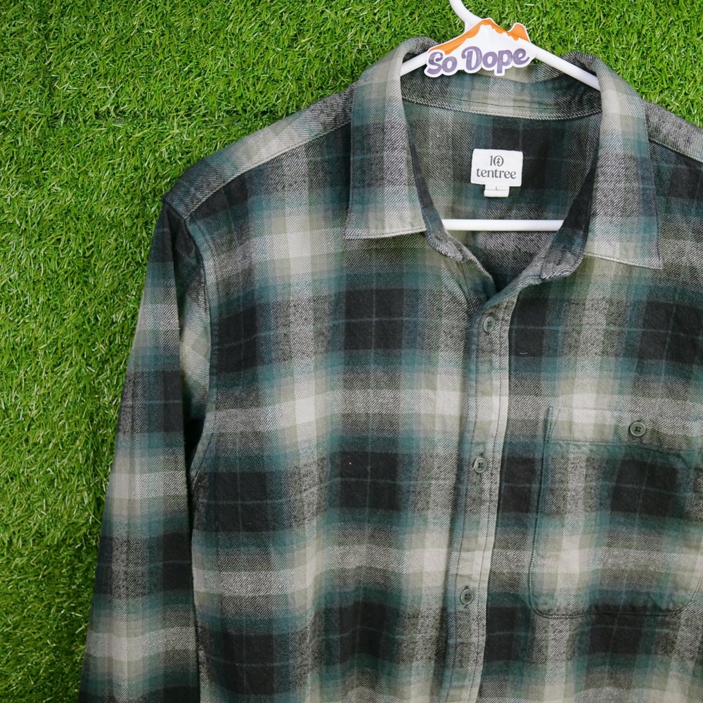 Tentree Flannel Shirt Green Black Plaid Button Down - Mens Size L
